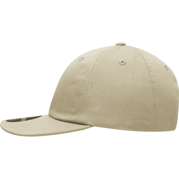 A relaxed flat bill cap in a khaki shade, featuring a curved visor and a logo on the side.