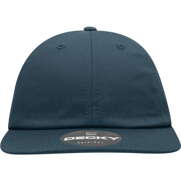 A relaxed flat bill cap in dark blue with a logo on the front.