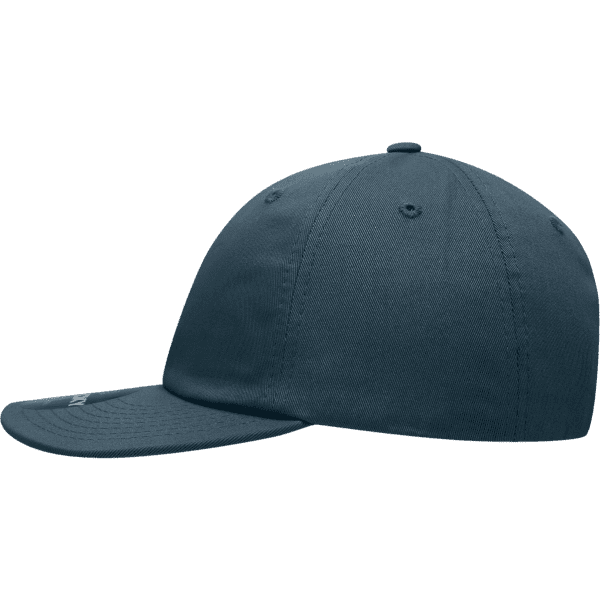 A relaxed flat bill cap in a dark navy colour, featuring a logo on the side and six ventilation holes.