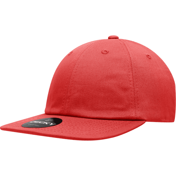 A red flat bill cotton cap with a prominent logo on the side.