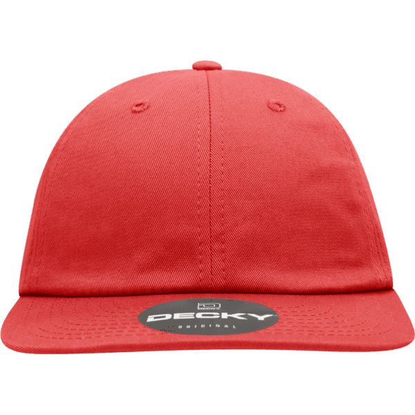 A relaxed flat bill cap in red with a branded logo on the front.