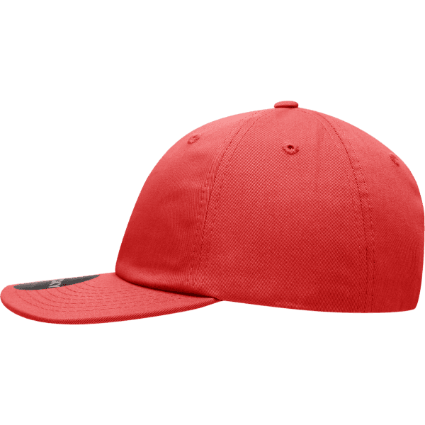 A red relaxed flat bill cap with a structured front and a curved brim. It features ventilation holes and a logo.