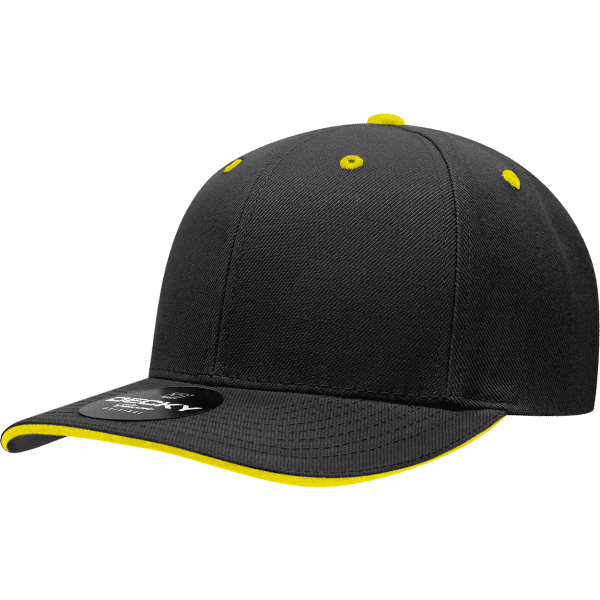 A black cap with a structured mid-profile and yellow accents on the bill and eyelets, featuring a logo.