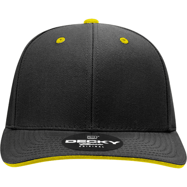 A black cap with a structured six-panel design and a yellow sandwich bill, featuring a logo on the front.