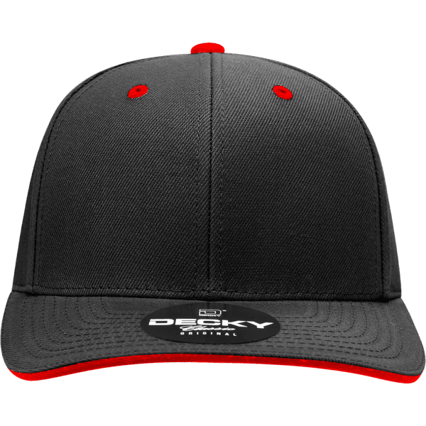 A black and red 6 panel mid profile structured sandwich bill cap featuring a logo on the front.