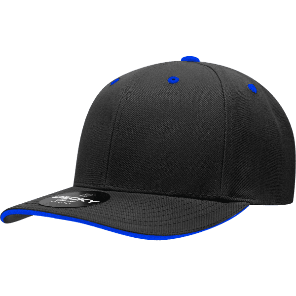 A black cap with a blue sandwich bill and contrasting eyelets, featuring a tag and a logo.