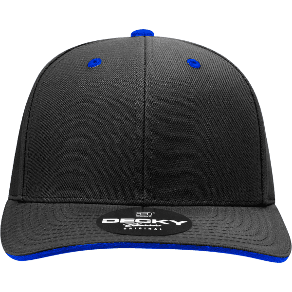 A black cap with a blue sandwich bill and a logo on the front. It features six panels and a mid-profile design.