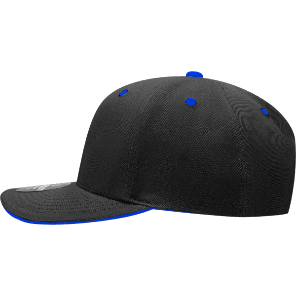 A black cap with a structured design, featuring a sandwich bill and blue accents. It has a logo on the front.