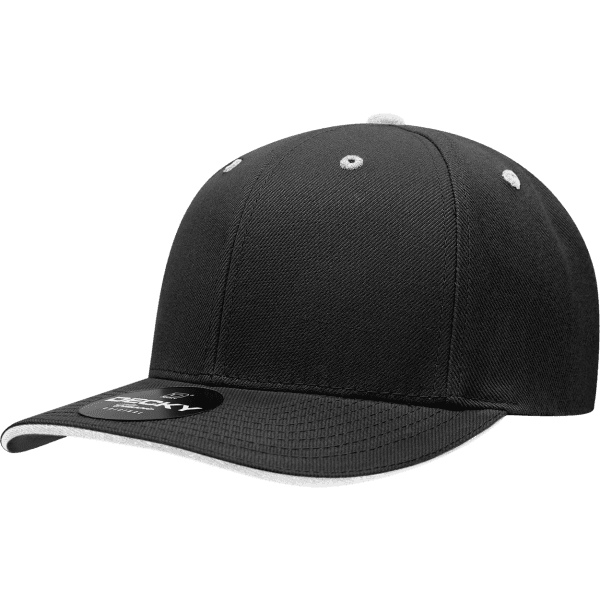 A black 6 panel mid pro sandwich bill cap featuring a logo and white detailing on the brim.