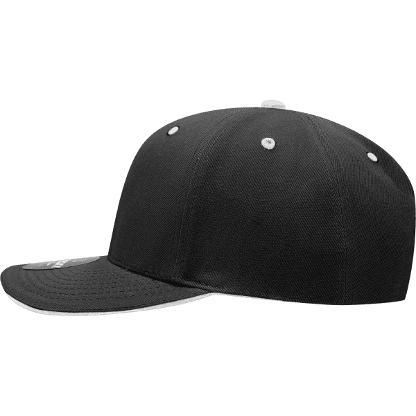A black six-panel mid-profile structured cap with a sandwich bill and a logo on the front.