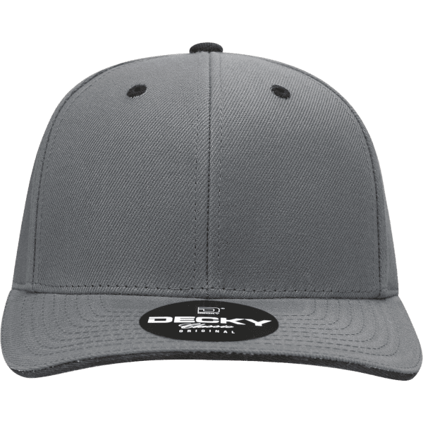 A grey 6 panel mid-profile structured cap with a sandwich bill and a logo on the front.