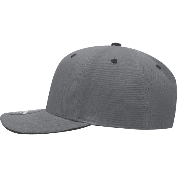 A grey 6-panel mid-profile cap with a structured design and a sandwich bill. Features a logo on the side.