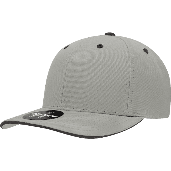 A grey 6-panel mid pro sandwich bill cap with a black brim and a tag attached. It features a logo.