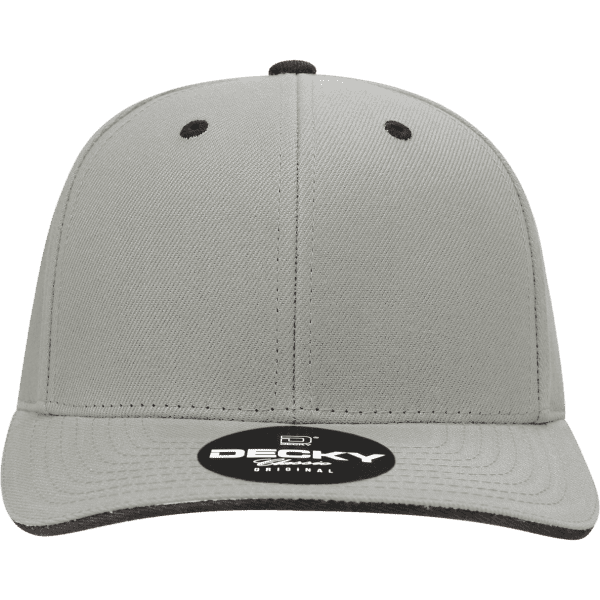 A grey 6-panel mid profile structured cap with a contrasting black sandwich bill and a logo on the front.