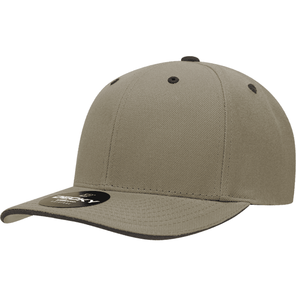 A beige 6 panel mid pro sandwich bill cap with a black underside and a tag attached.