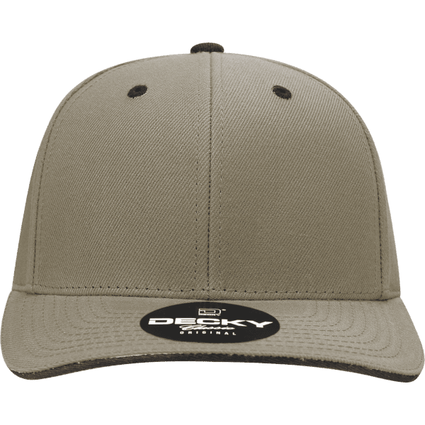 A structured six-panel cap in tan with a dark brown sandwich bill and a logo on the front.