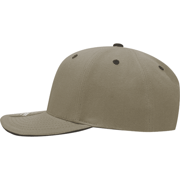 A khaki 6 panel mid-profile structured cap with a sandwich bill and a logo.