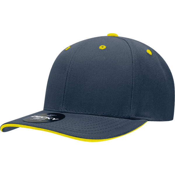 A black cap with a yellow trim and a tag attached. It has a logo on the front.