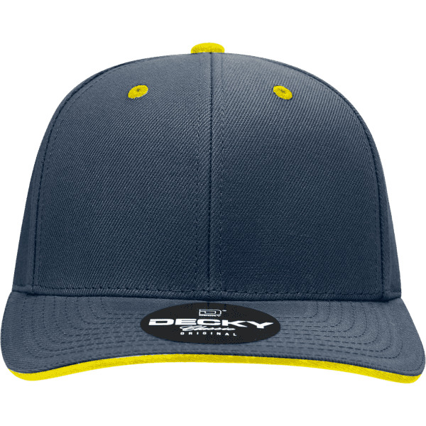 A structured six-panel cap in navy blue with a yellow sandwich bill and logo on the front.