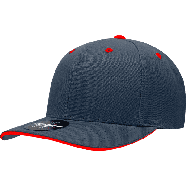 A navy blue cap with a red sandwich bill and contrasting stitching, featuring a logo tag attached.