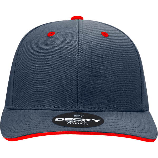 A grey cap with a structured six-panel design and a red sandwich bill. It features a logo on the front.