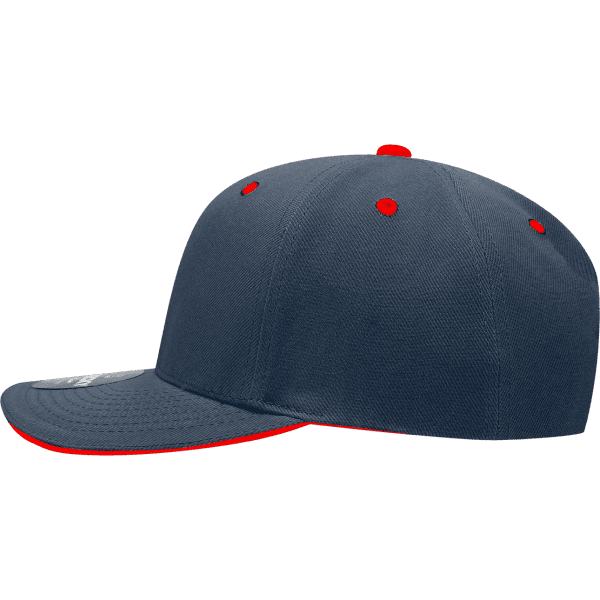 A grey 6-panel cap with a structured design and red accents on the stitching and bill. It features a logo.