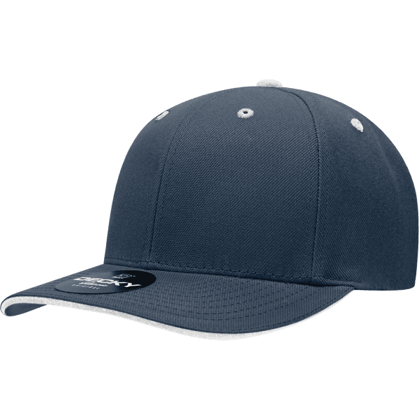 A navy blue 6 panel mid pro sandwich bill cap with a tag and contrasting stitching. It features a logo.
