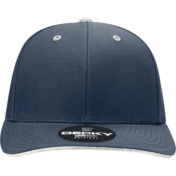 A structured six-panel cap in navy with a grey sandwich bill, featuring a logo on the front.