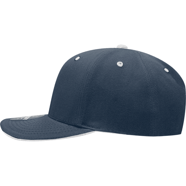 A navy blue 6-panel mid-profile structured cap with a sandwich bill and an adjustable strap at the back.