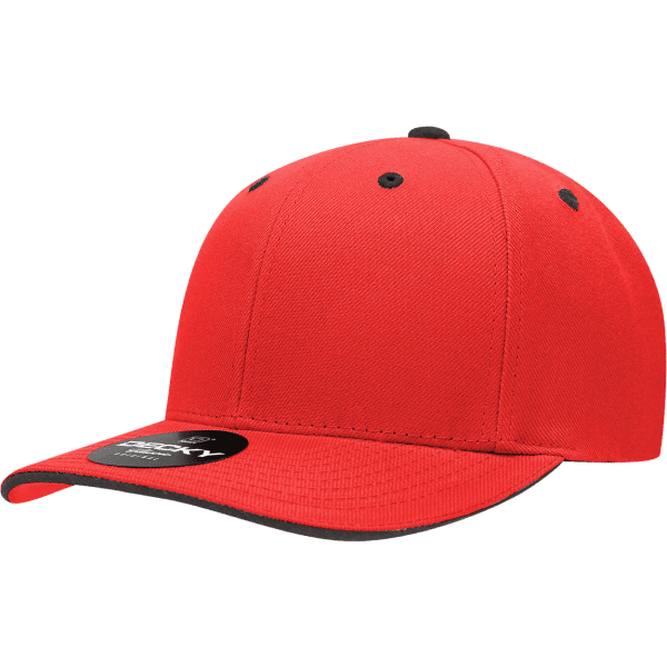 A red six-panel cap with a sandwich bill and a tag, featuring a logo on the front.