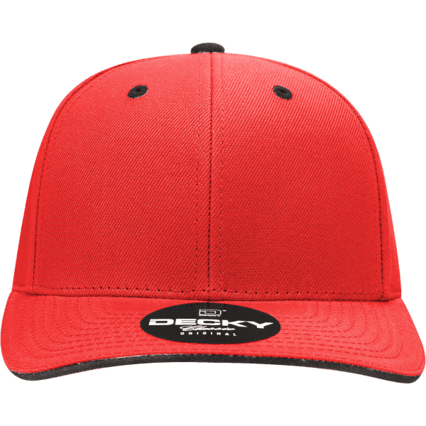 A red structured sandwich bill cap with a flat brim and a logo on the front.