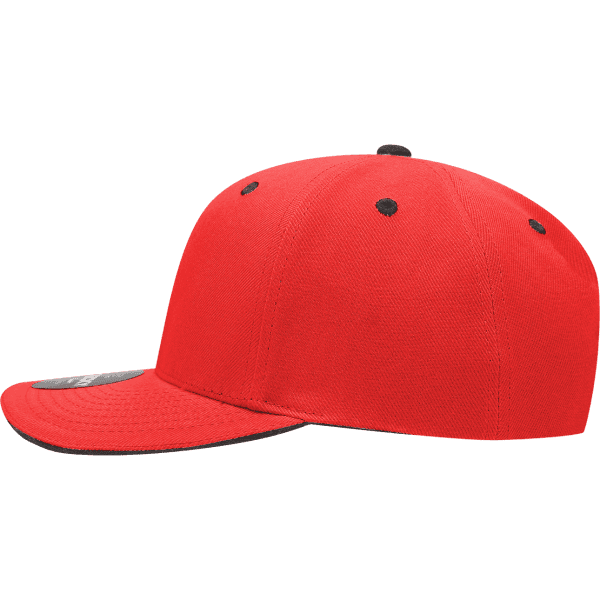 A red 6-panel mid-profile structured cap with a sandwich bill and a logo on the side.