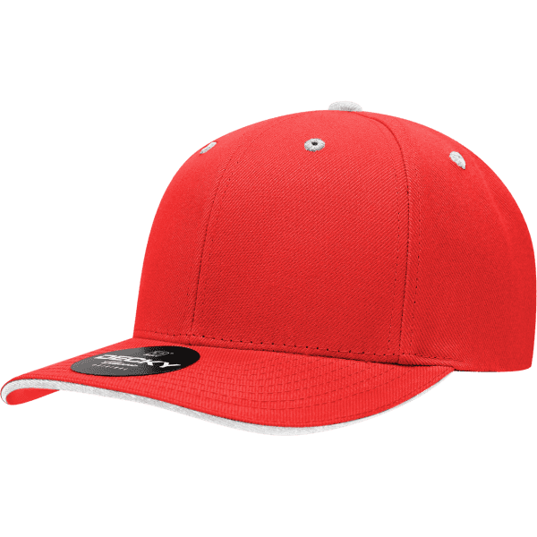 A red six-panel mid-profile cap with a sandwich bill and a branding tag.