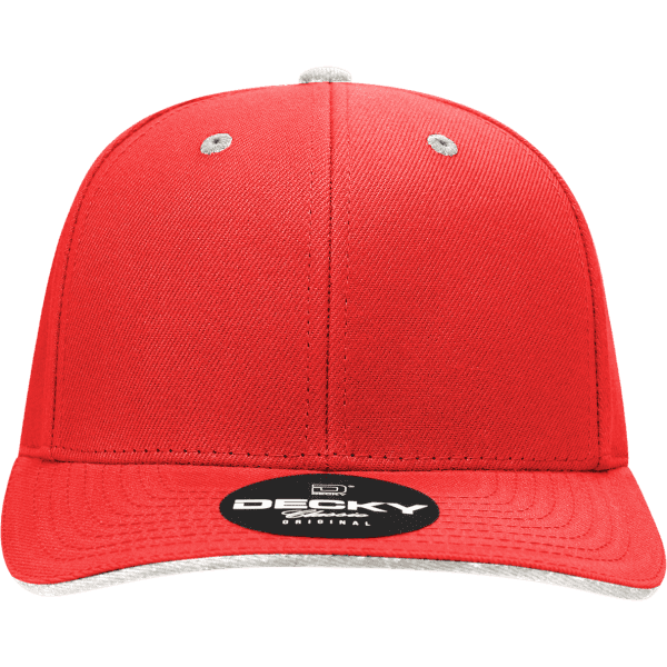 A red 6-panel mid-profile structured cap with a sandwich bill and a brand logo on the front.