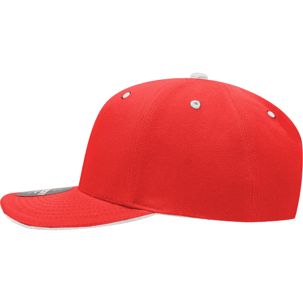 A red six-panel mid-profile structured cap with a sandwich bill and an unspecified logo.