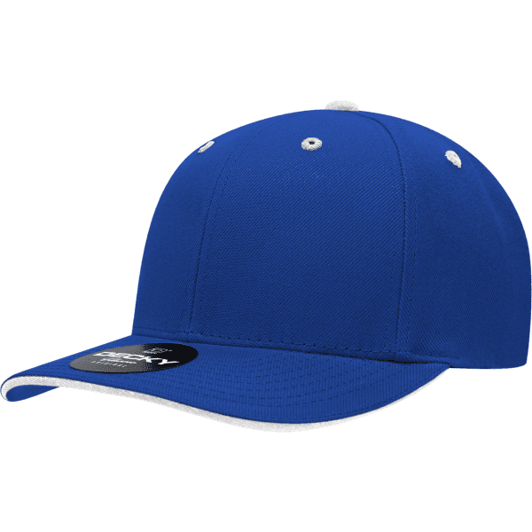A blue 6 Panel Mid Pro Sandwich Bill Cap featuring a logo and white accents on the brim and eyelets.