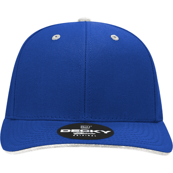 A blue structured cap with a sandwich bill and a logo on the front.