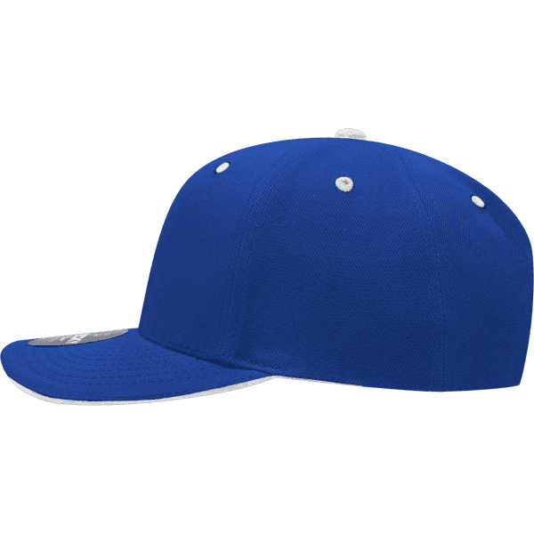 A blue 6 panel mid profile structured cap with a sandwich bill and a logo on the front.