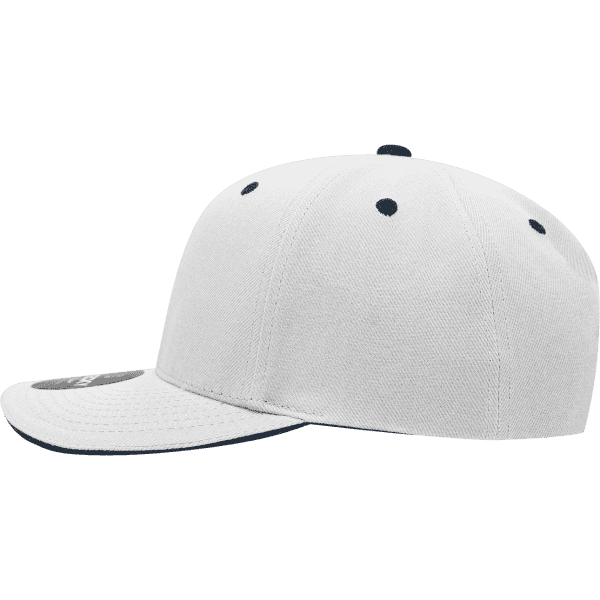 A structured cap featuring a mid-profile design, grey colour with a dark blue brim and buttons, and a logo on the front.