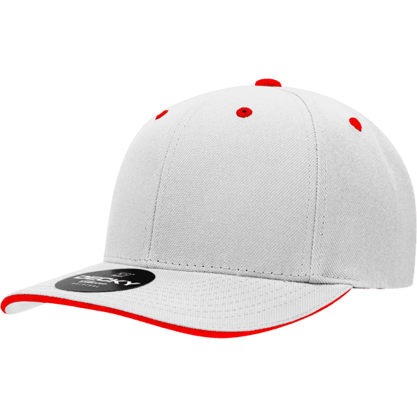 A white cap with a red sandwich bill and a tag, featuring a logo on the front.