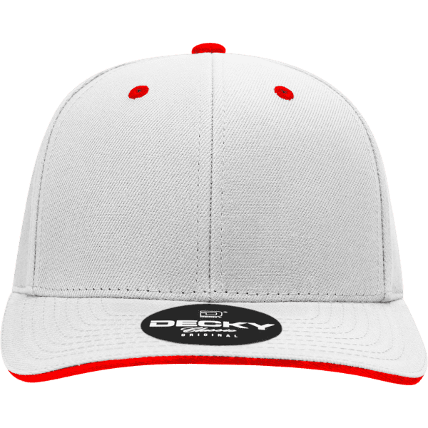 A grey cap with a structured six-panel design and contrasting red accents on the brim and eyelets. It features a logo.