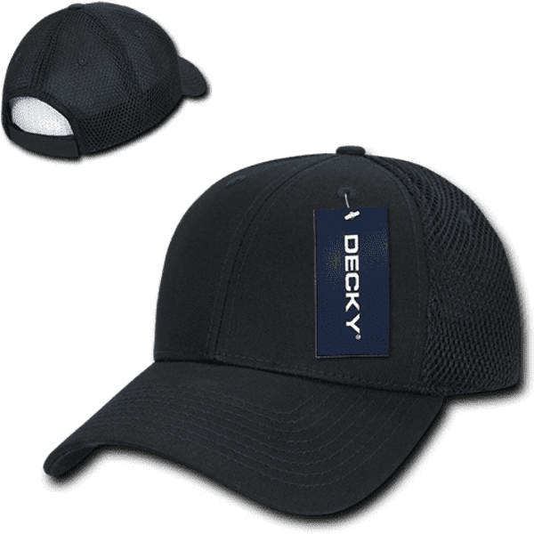 A low crown black air mesh baseball cap with a logo and a structured front. The back features mesh for breathability.