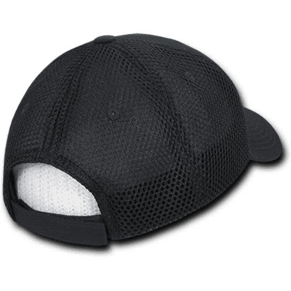 A black low crown air mesh baseball cap featuring a mesh design and an adjustable strap at the back.