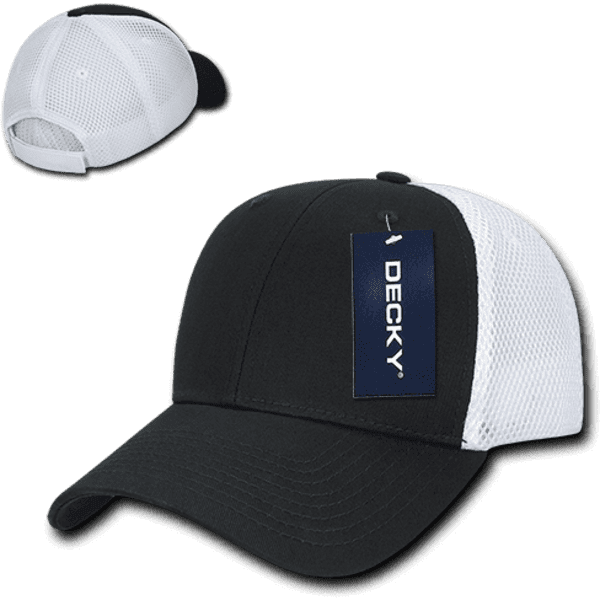 A black and white low crown air mesh baseball cap with a logo and a mesh back for ventilation.