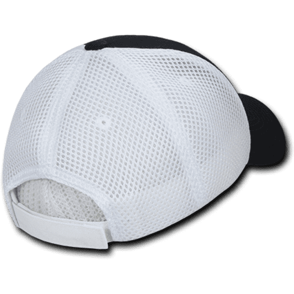 A low crown baseball cap featuring a black front and a white mesh back, complete with an adjustable strap.