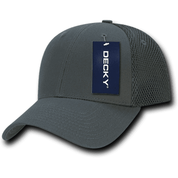 A low crown mesh baseball cap in grey with a tag attached, featuring a mesh back and a curved visor.
