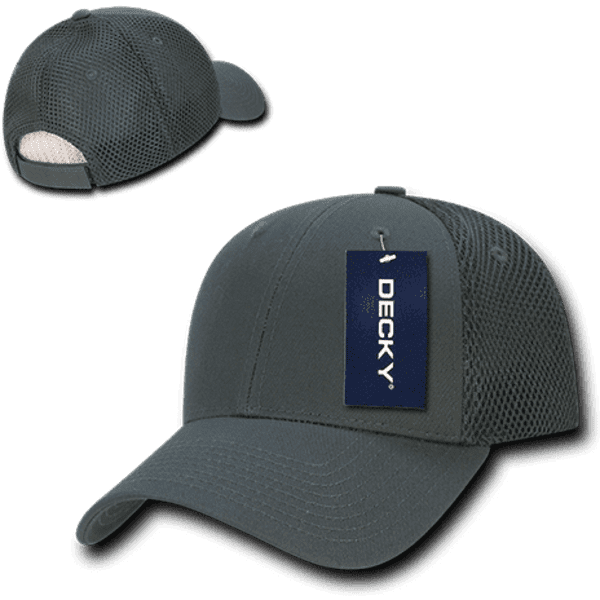 A grey low crown air mesh baseball cap with a side mesh panel and a logo on the front.