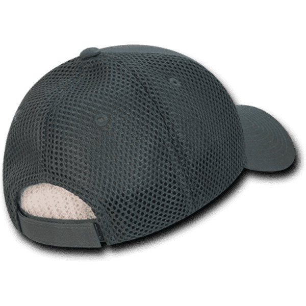 A low crown baseball cap in dark grey with air mesh design and a back adjustment strap. It features a branding logo.