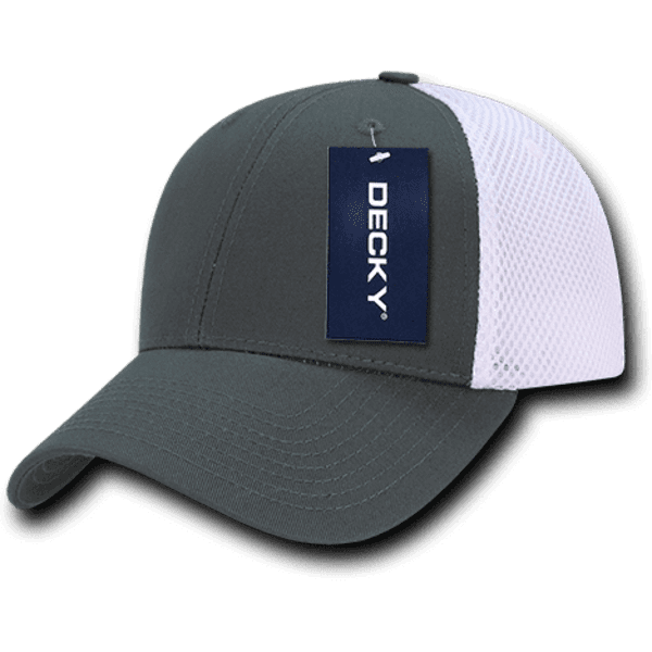 A low crown mesh baseball cap in grey with a white mesh back and a tag.