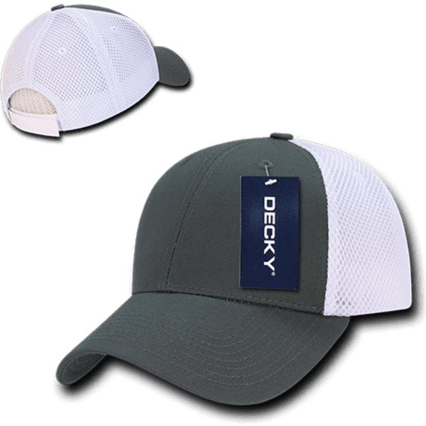 A grey and white low crown air mesh baseball cap featuring a branding logo.